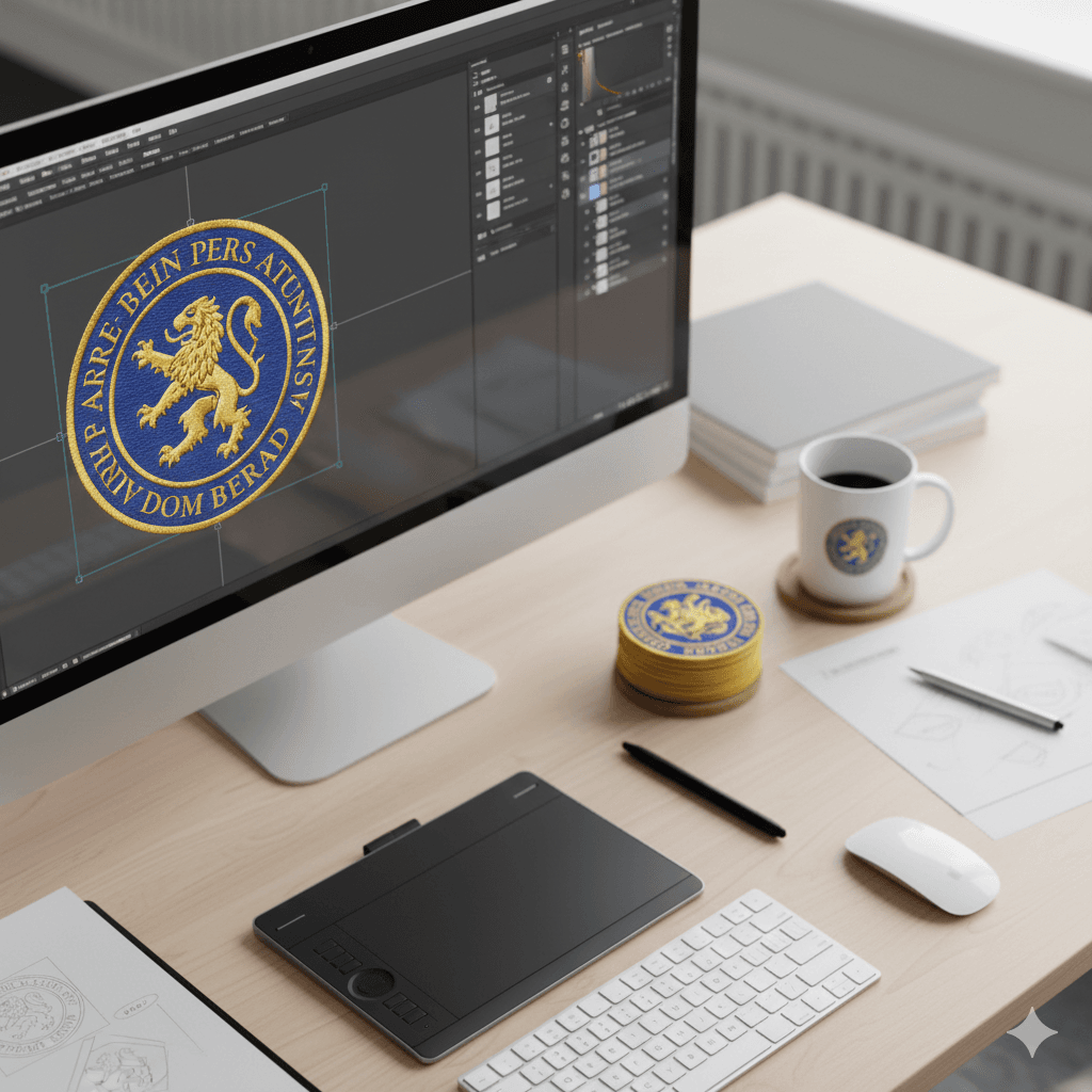 Logiciel de conception graphique vectorielle affichant la digitalisation d'un patch personnalisé sur un bureau de designer textile.