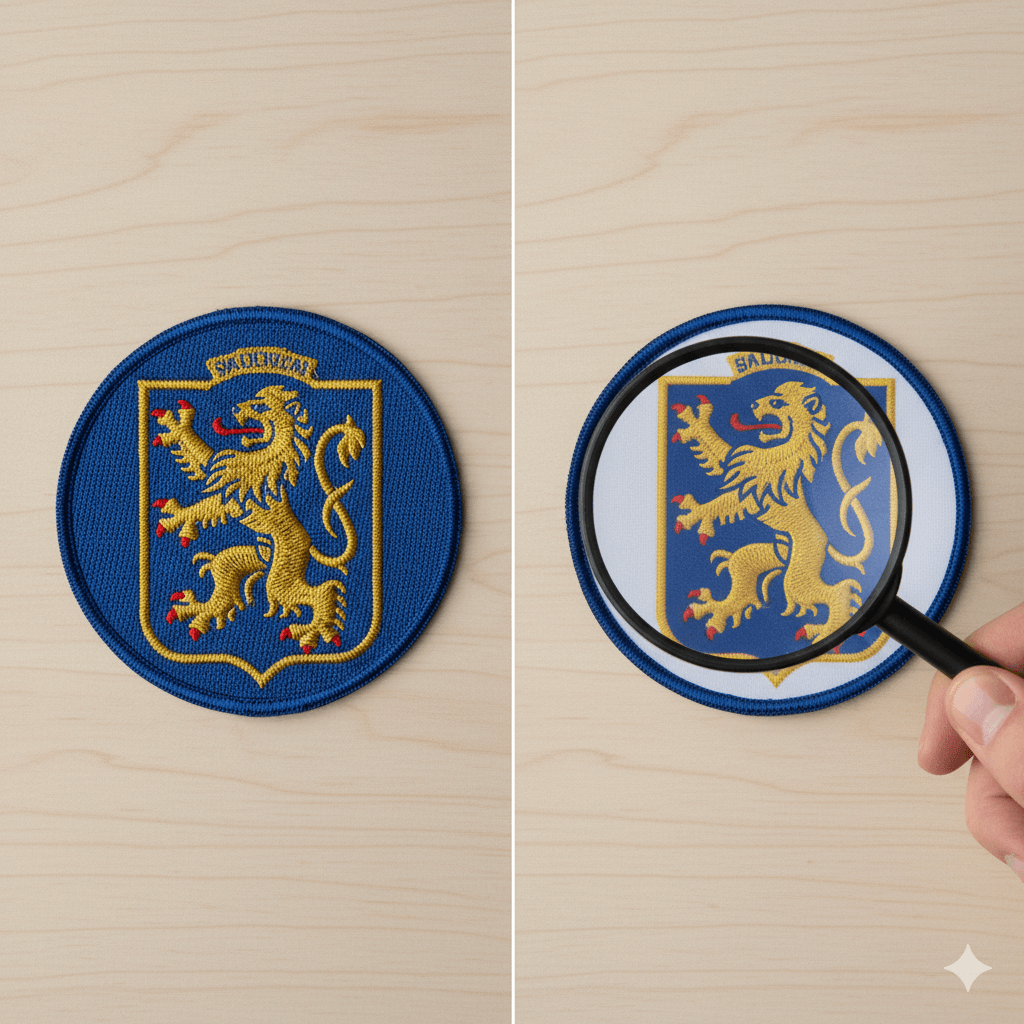 Comparaison entre un écusson brodé avec relief et un écusson imprimé par sublimation haute définition.