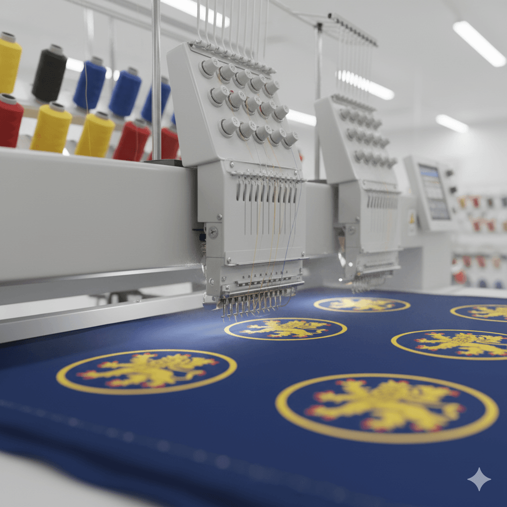 Machine à broder industrielle en pleine production d'écussons personnalisés avec logo lion pour une commande en gros.